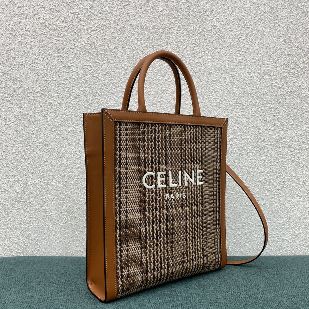 Celine Small Vertical Cabas In Houndstooth Textile With Celine Print And Calfskin Tan 192082